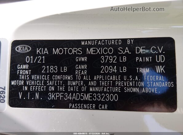 3KPF34AD5ME332300 2021 KIA FORTE White Engine compartment view