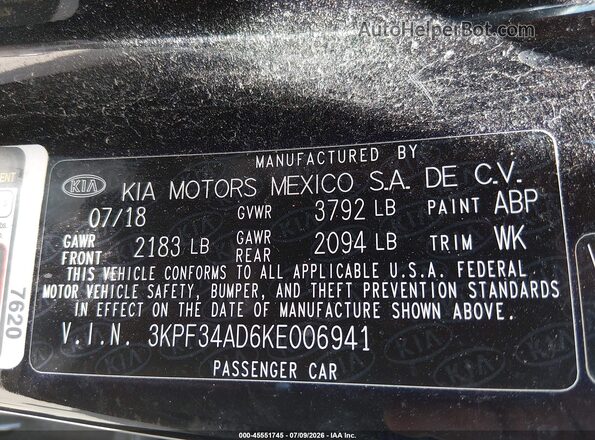 3KPF34AD6KE006941 2019 KIA FORTE Black Widok komory silnika
