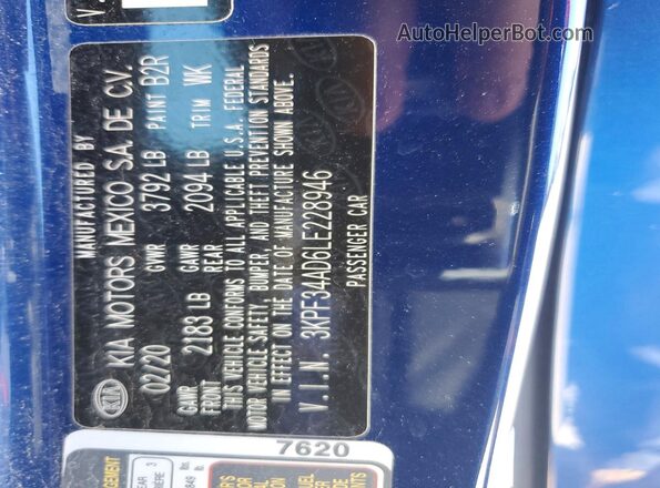 3KPF34AD6LE228946 2020 KIA FORTE Blue ძრავის განყოფილების ხედი