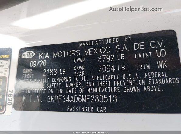 3KPF34AD6ME283513 2021 KIA FORTE White Engine compartment view