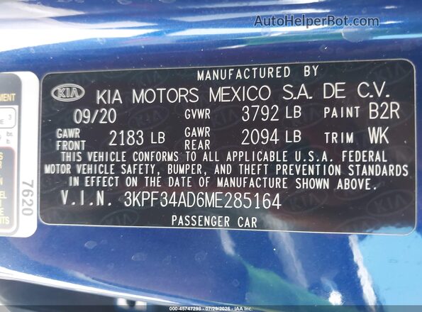 3KPF34AD6ME285164 2021 KIA FORTE Blue Вид підкапотного простору