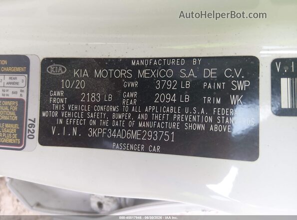 3KPF34AD6ME293751 2021 KIA FORTE White Widok komory silnika