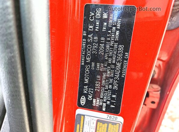 3KPF34AD6ME366388 2021 KIA FORTE Orange VIN კოდის სტიკერის ხედი