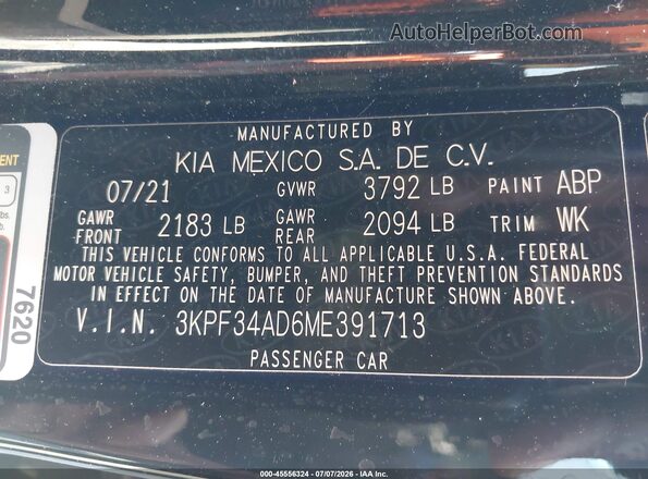 3KPF34AD6ME391713 2021 KIA FORTE Black Vista del compartimento del motor
