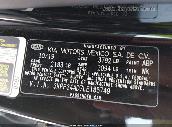 3KPF34AD7LE185749 2020 KIA FORTE Black Vista del compartimento del motor