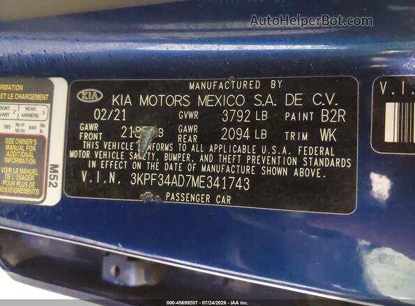 3KPF34AD7ME341743 2021 KIA FORTE Blue Engine compartment view