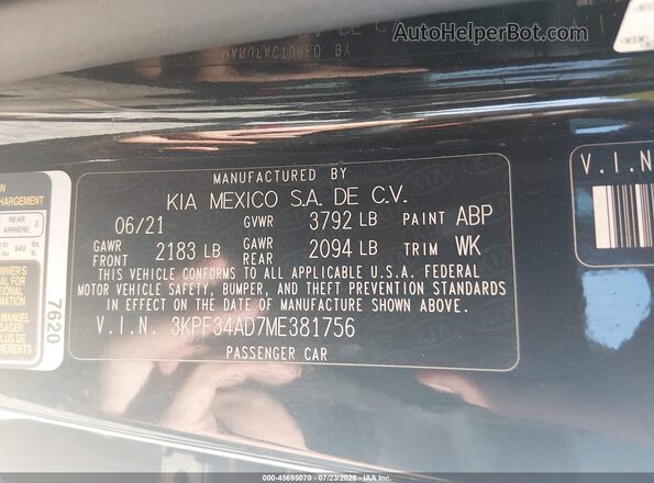 3KPF34AD7ME381756 2021 KIA FORTE Black Widok komory silnika