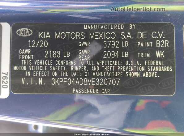 3KPF34AD8ME320707 2021 KIA FORTE Blue Вид підкапотного простору