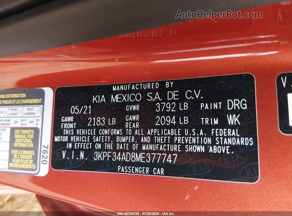 3KPF34AD8ME377747 2021 KIA FORTE Оранжевый Вид подкапотного пространства