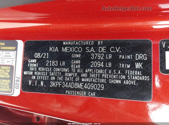 3KPF34AD8ME409029 2021 KIA FORTE Orange Vista del compartimento del motor