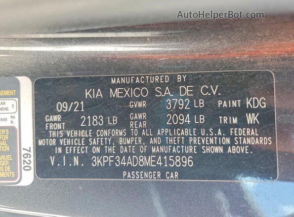 3KPF34AD8ME415896 2021 KIA FORTE Gray Вид підкапотного простору