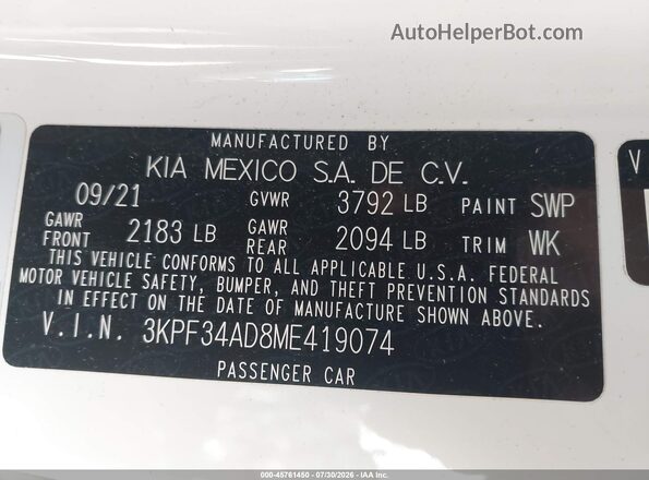 3KPF34AD8ME419074 2021 KIA FORTE White Вид підкапотного простору