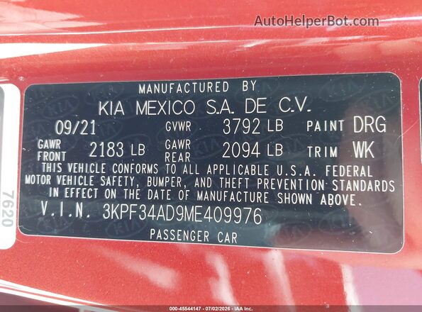 3KPF34AD9ME409976 2021 KIA FORTE Orange Вид підкапотного простору
