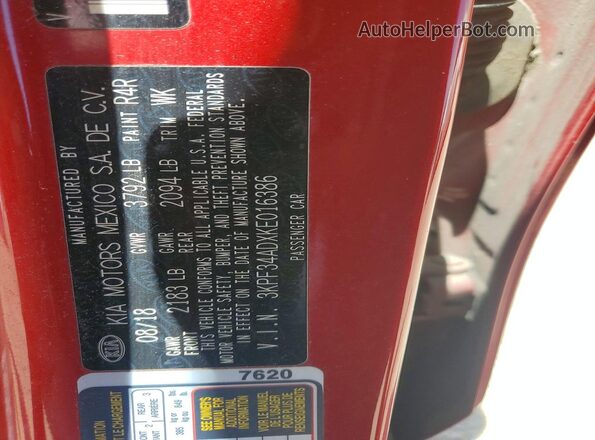 3KPF34ADXKE016386 2019 KIA FORTE Red Շարժիչի բաժամունքի տեսք