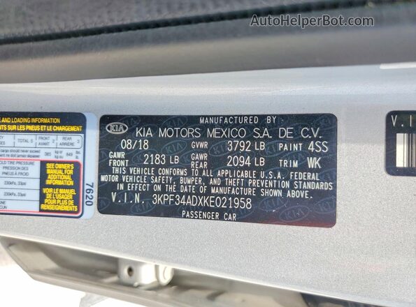 3KPF34ADXKE021958 2019 KIA FORTE Silver VIN კოდის სტიკერის ხედი