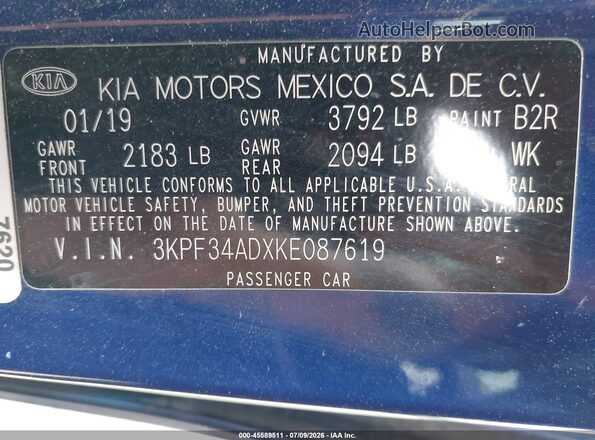 3KPF34ADXKE087619 2019 KIA FORTE Blue Вид підкапотного простору