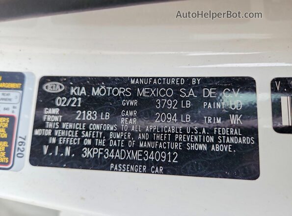 3KPF34ADXME340912 2021 KIA FORTE White Widok komory silnika