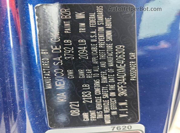 3KPF34ADXME406309 2021 KIA FORTE Blue VIN კოდის სტიკერის ხედი