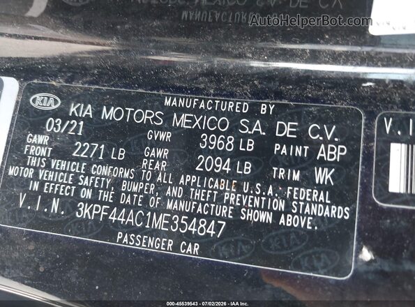 3KPF44AC1ME354847 2021 KIA FORTE Black Вид підкапотного простору