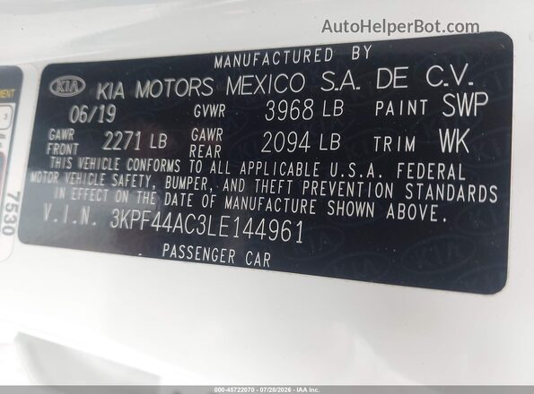 3KPF44AC3LE144961 2020 KIA FORTE White Շարժիչի բաժամունքի տեսք