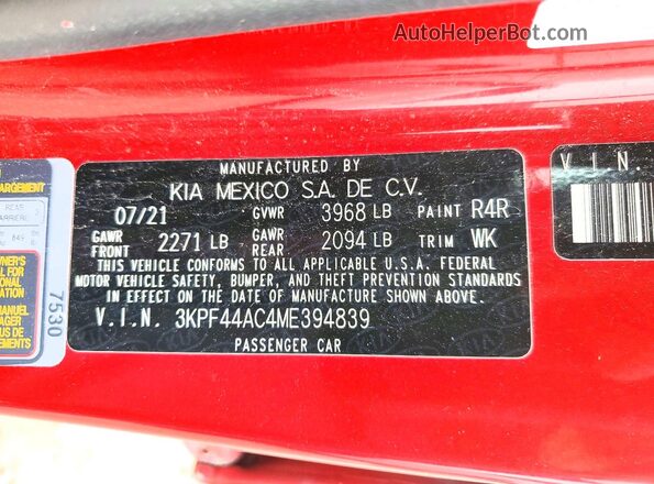 3KPF44AC4ME394839 2021 KIA FORTE Red VIN կոդի պիտակի տեսք