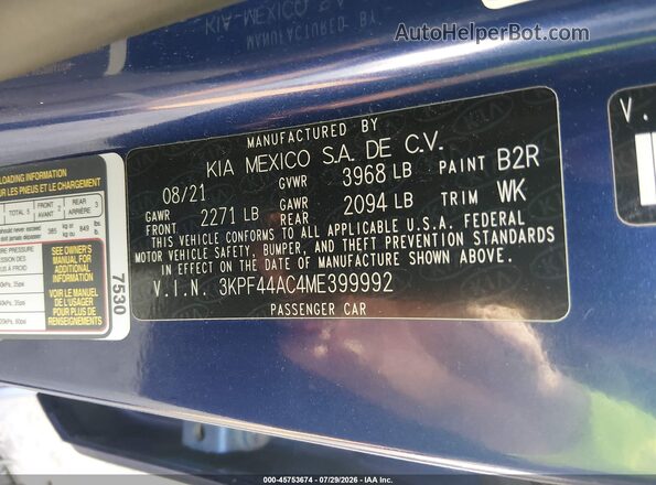 3KPF44AC4ME399992 2021 KIA FORTE Blue Widok komory silnika
