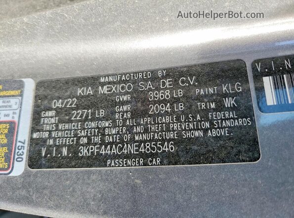 3KPF44AC4NE485546 2022 KIA FORTE Silver Vista de la etiqueta del VIN