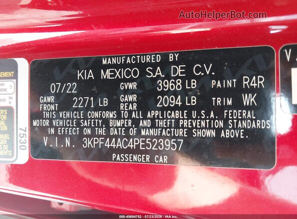 3KPF44AC4PE523957 2023 KIA FORTE Red Engine compartment view