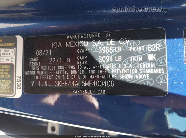3KPF44AC5ME400406 2021 KIA FORTE Синий Вид подкапотного пространства