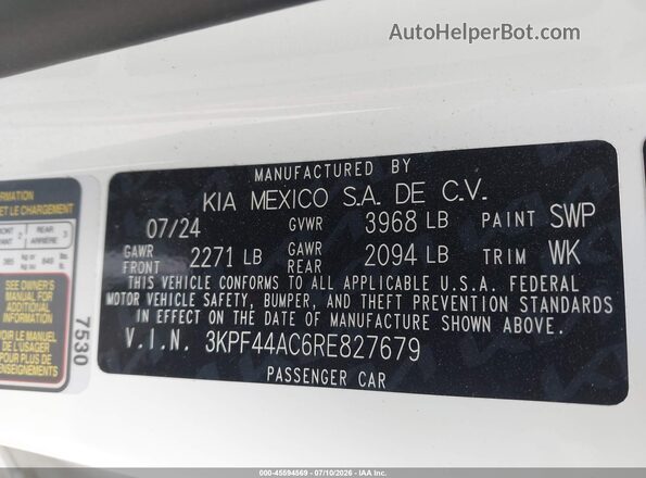 3KPF44AC6RE827679 2024 KIA FORTE White Вид підкапотного простору