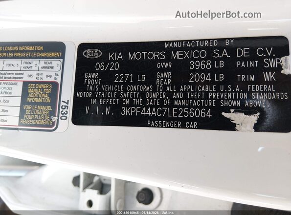 3KPF44AC7LE256064 2020 KIA FORTE White Widok komory silnika
