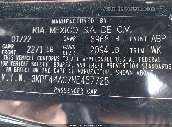 3KPF44AC7NE457725 2022 KIA FORTE Black Engine compartment view