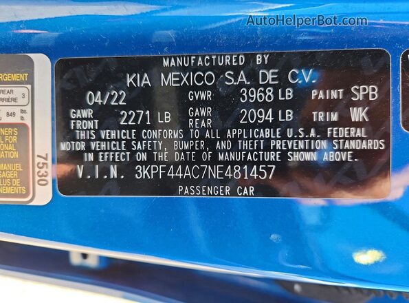 3KPF44AC7NE481457 2022 KIA FORTE Синий Вид подкапотного пространства