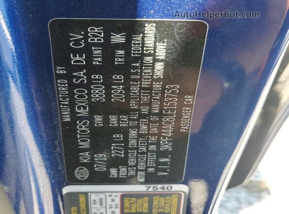 3KPF44AC8LE153753 2020 KIA FORTE Blue Շարժիչի բաժամունքի տեսք