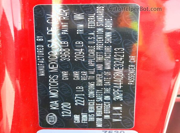 3KPF44AC8ME324213 2021 KIA FORTE Red Vista de la etiqueta del VIN