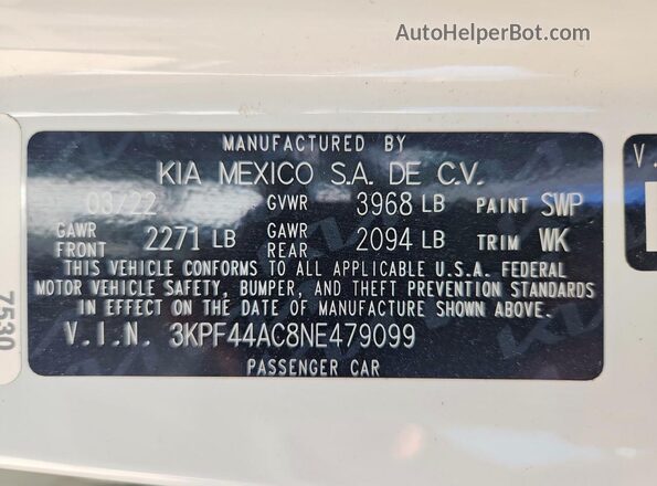 3KPF44AC8NE479099 2022 KIA FORTE White Vista del compartimento del motor