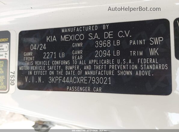 3KPF44ACXRE793021 2024 KIA FORTE White Widok komory silnika