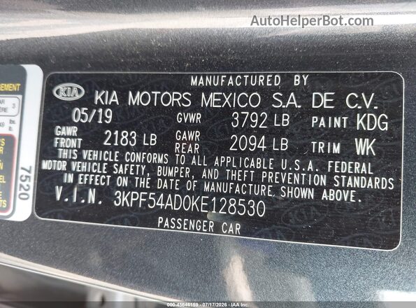 3KPF54AD0KE128530 2019 KIA FORTE Black Engine compartment view