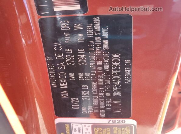 3KPF54AD0PE596006 2023 KIA FORTE Оранжевый Вид наклейки с VIN-кодом