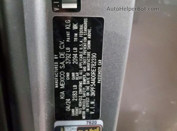 3KPF54AD0RE782390 2024 KIA FORTE Silver Vista de la etiqueta del VIN