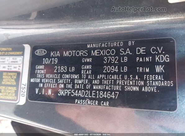 3KPF54AD2LE184647 2020 KIA FORTE Gray Widok komory silnika