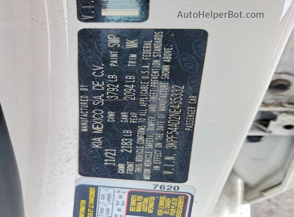 3KPF54AD2NE435332 2022 KIA FORTE White Вид підкапотного простору