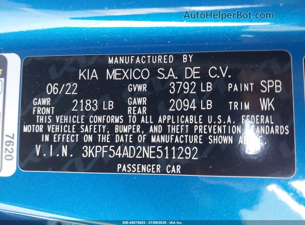3KPF54AD2NE511292 2022 KIA FORTE Blue ძრავის განყოფილების ხედი