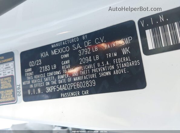 3KPF54AD2PE602839 2023 KIA FORTE White Engine compartment view