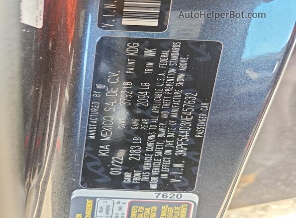 3KPF54AD3NE457632 2022 KIA FORTE Charcoal VIN კოდის სტიკერის ხედი