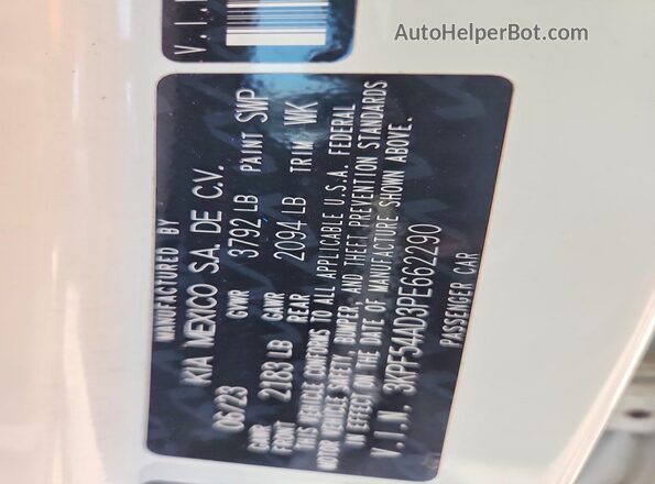3KPF54AD3PE662290 2023 KIA FORTE White Вид наклейки з VIN-кодом