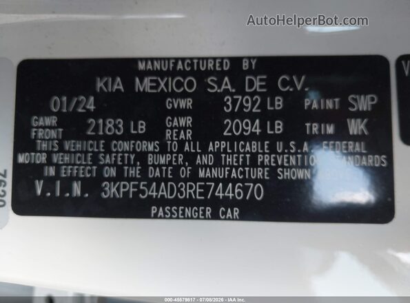 3KPF54AD3RE744670 2024 KIA FORTE White ძრავის განყოფილების ხედი
