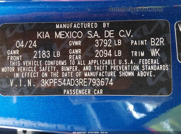3KPF54AD3RE793674 2024 KIA FORTE Blue Widok komory silnika