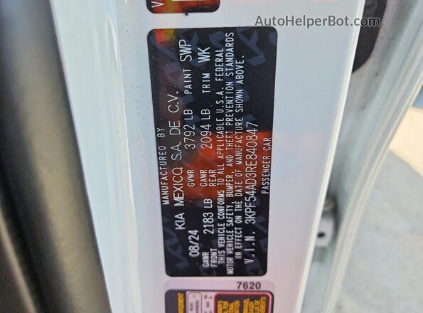 3KPF54AD3RE840847 2024 KIA FORTE White Widok naklejki z numerem VIN