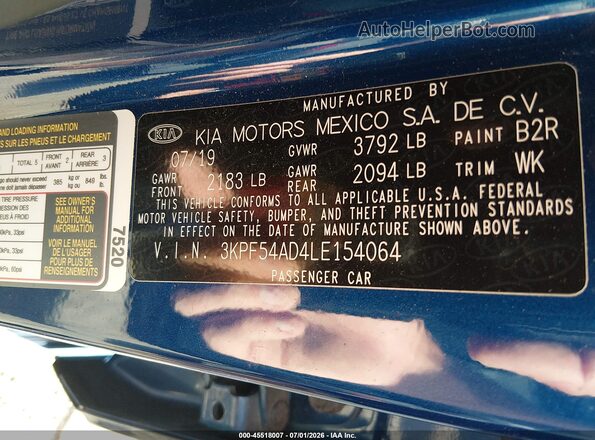 3KPF54AD4LE154064 2020 KIA FORTE Blue Vista del compartimento del motor